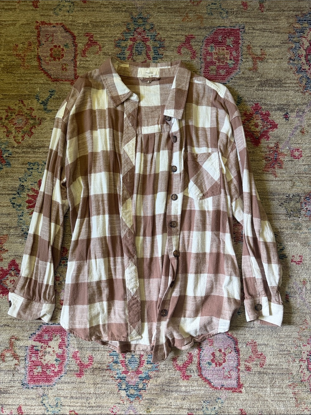 Maurices Plaid Button-Up Shirt in Cream and Brown